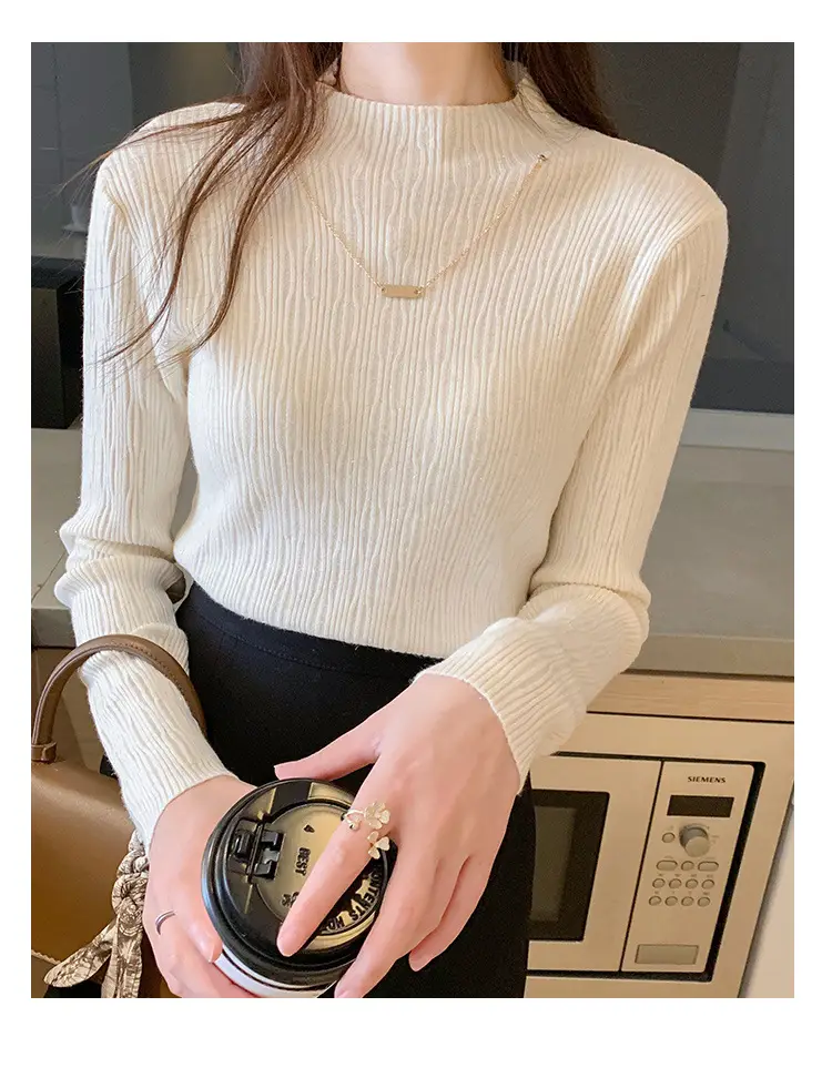 Women Blue Knitted Half-High Collar Sweater Shirt — feature 16