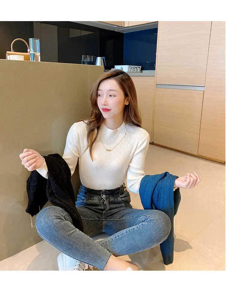 Women Blue Knitted Half-High Collar Sweater Shirt — feature 19