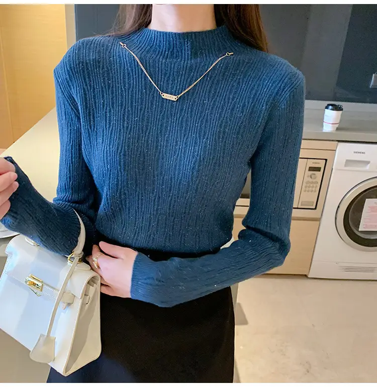 Women Blue Knitted Half-High Collar Sweater Shirt — feature 20
