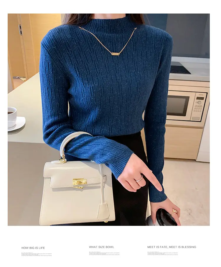 Women Blue Knitted Half-High Collar Sweater Shirt — feature 21
