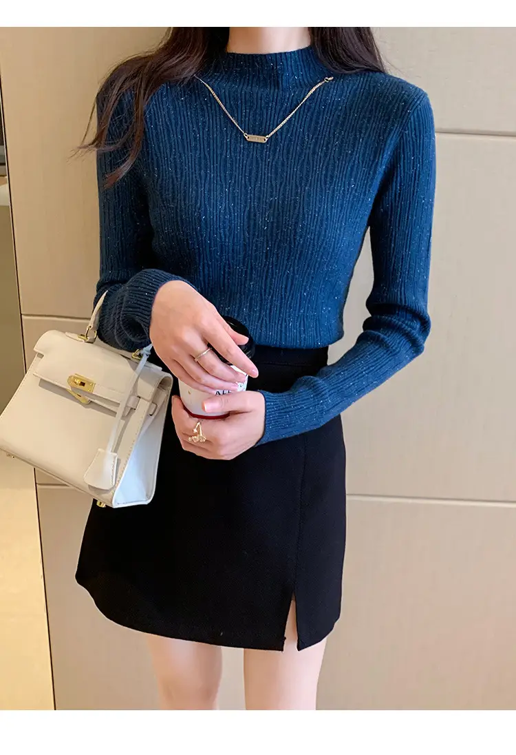 Women Blue Knitted Half-High Collar Sweater Shirt — feature 22