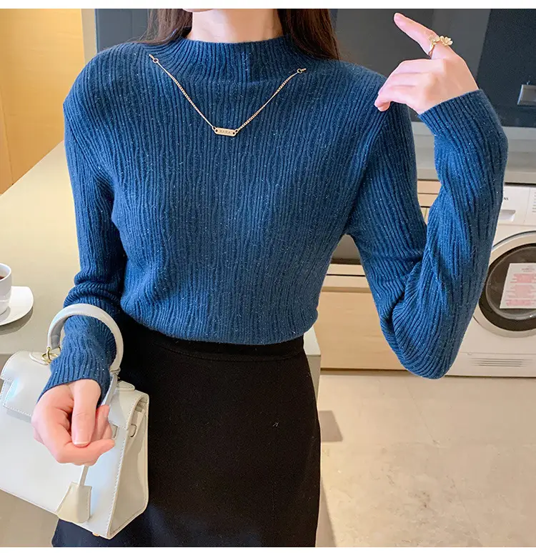 Women Blue Knitted Half-High Collar Sweater Shirt — feature 23