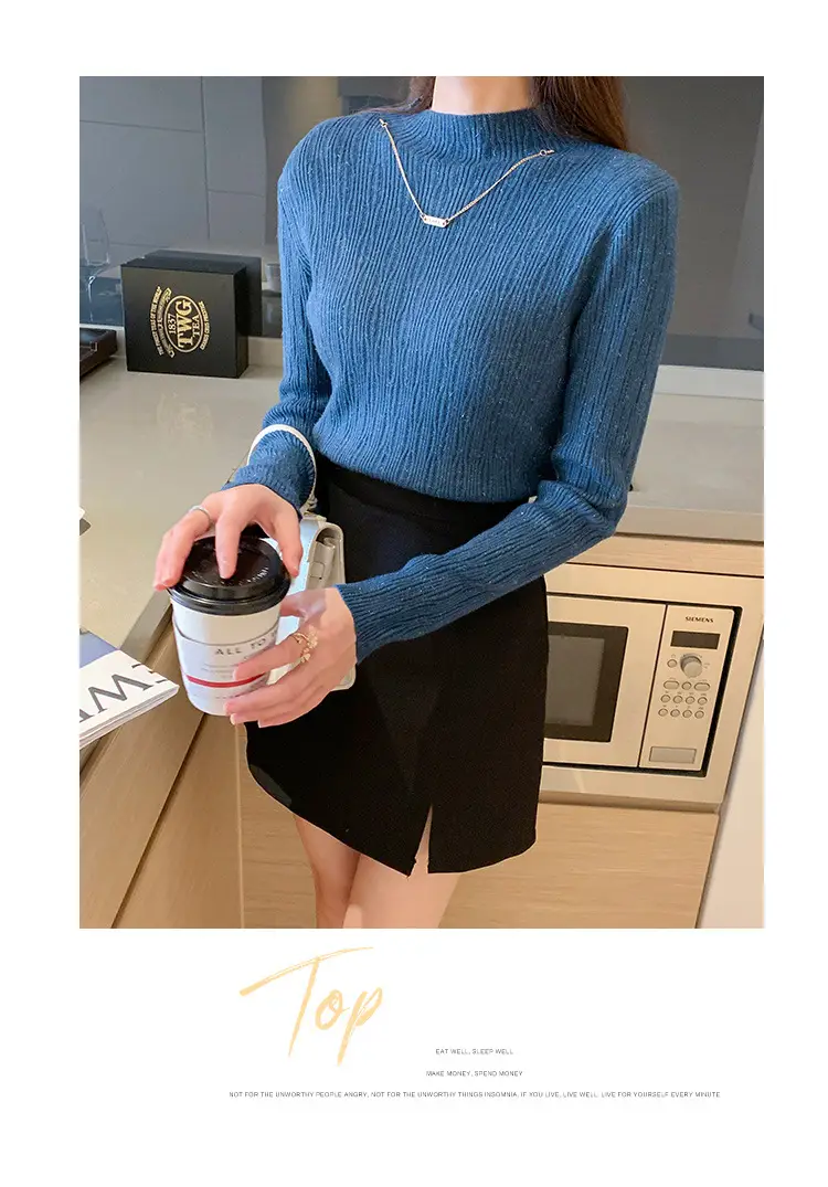 Women Blue Knitted Half-High Collar Sweater Shirt — feature 24