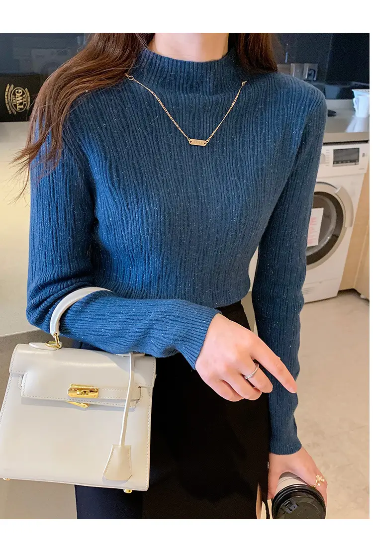 Women Blue Knitted Half-High Collar Sweater Shirt — feature 25