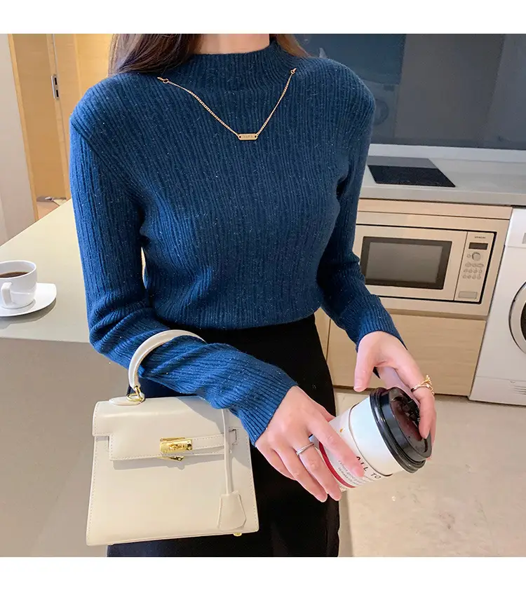 Women Blue Knitted Half-High Collar Sweater Shirt — feature 26