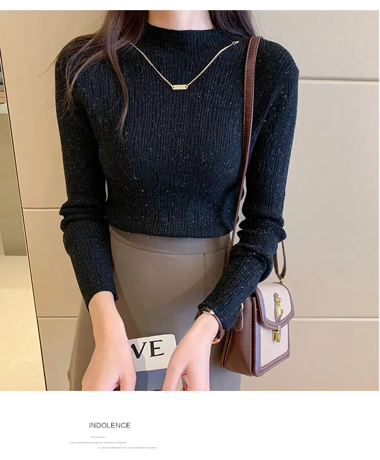 Women Blue Knitted Half-High Collar Sweater Shirt — feature 27