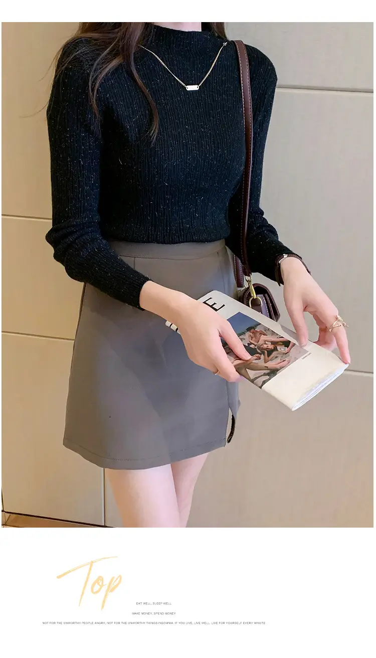 Women Blue Knitted Half-High Collar Sweater Shirt — feature 28