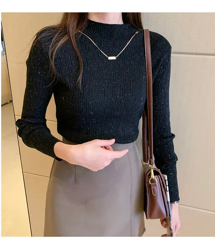 Women Blue Knitted Half-High Collar Sweater Shirt — feature 29