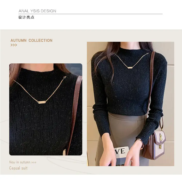 Women Blue Knitted Half-High Collar Sweater Shirt — feature 3