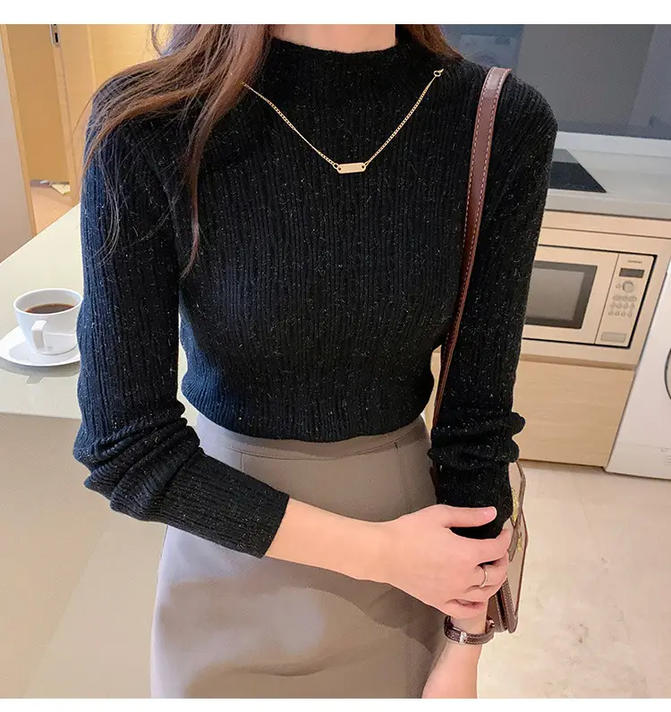 Women Blue Knitted Half-High Collar Sweater Shirt — feature 30