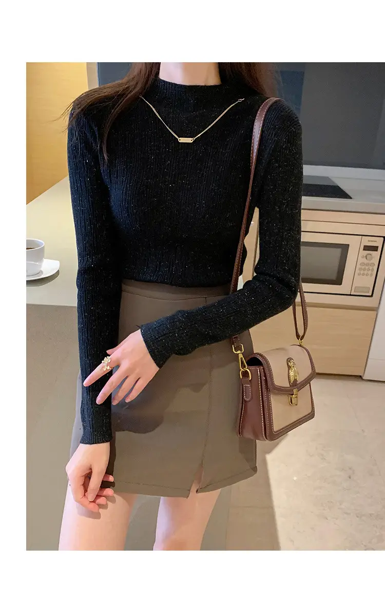 Women Blue Knitted Half-High Collar Sweater Shirt — feature 31