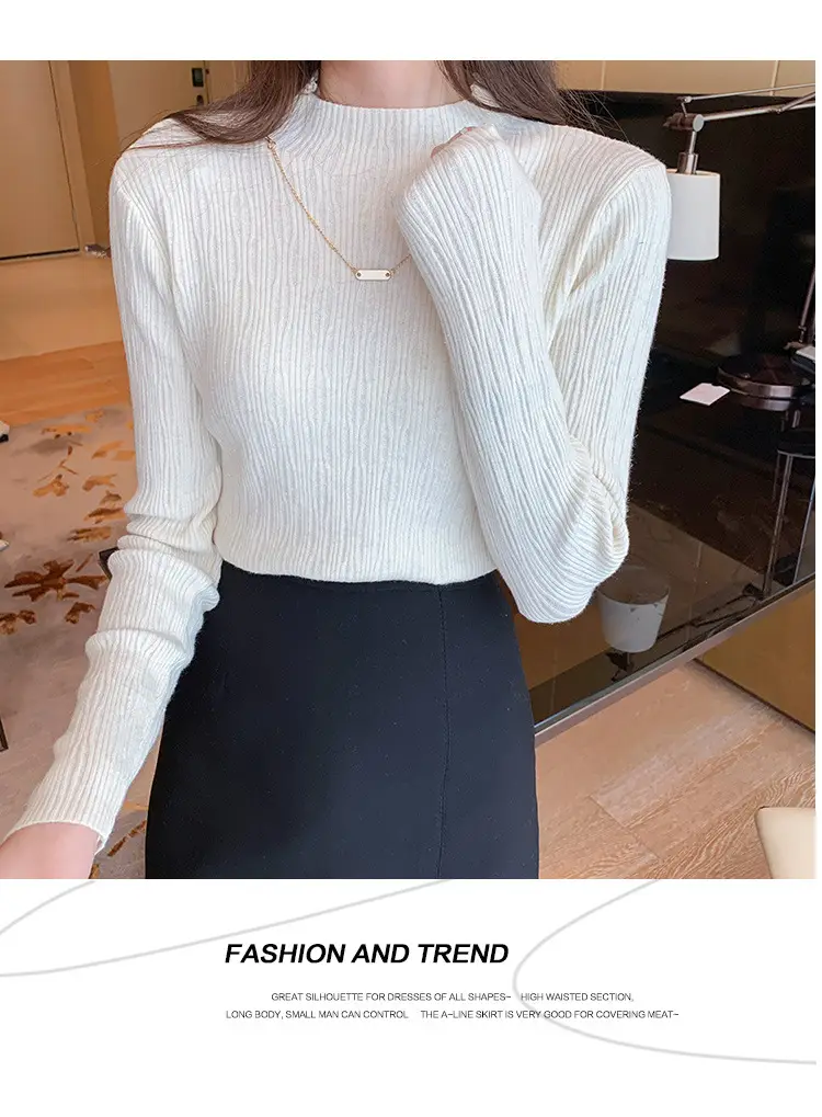 Women Blue Knitted Half-High Collar Sweater Shirt — feature 32