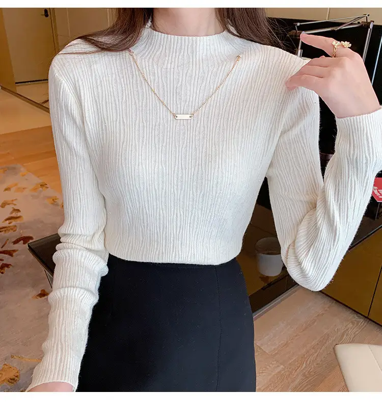 Women Blue Knitted Half-High Collar Sweater Shirt — feature 33