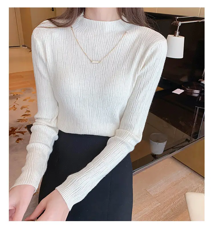 Women Blue Knitted Half-High Collar Sweater Shirt — feature 34