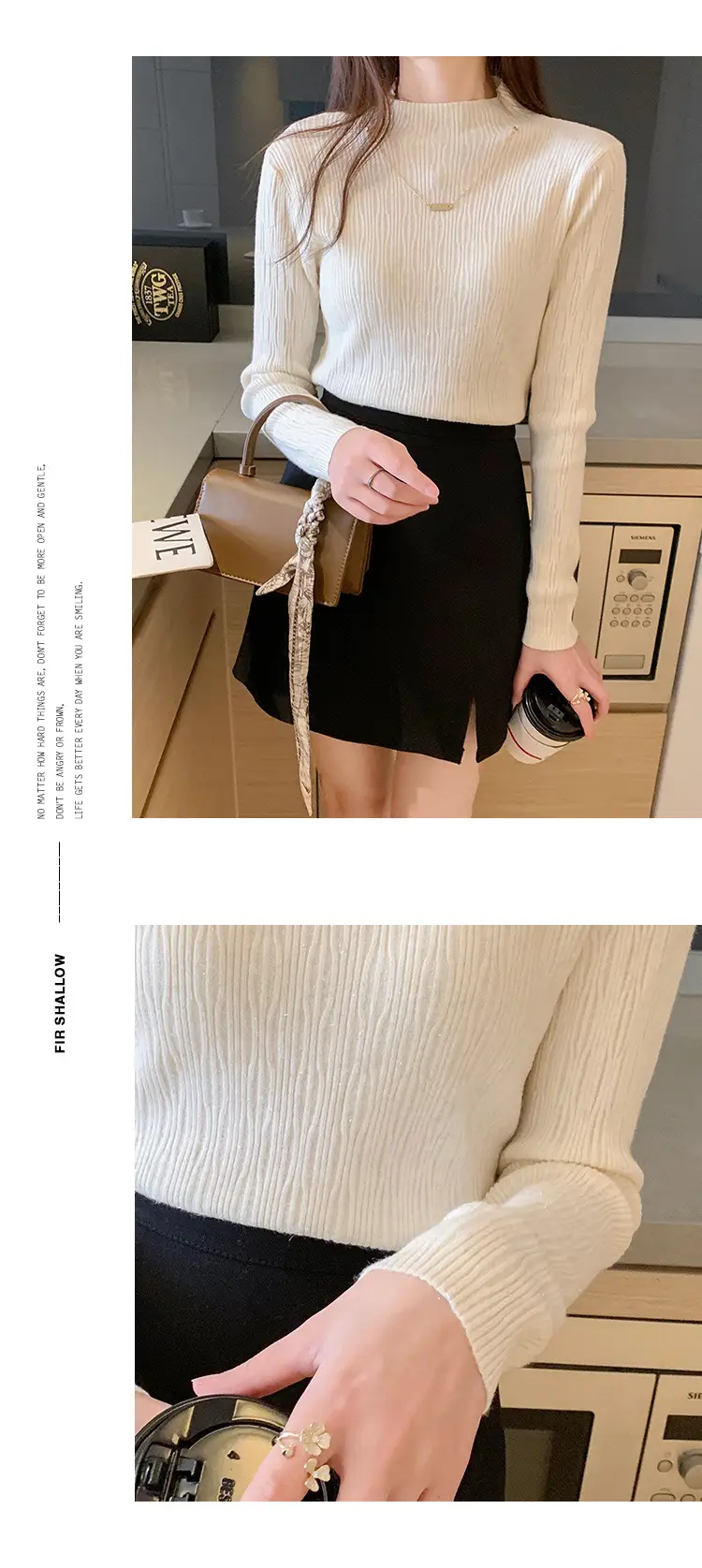 Women Blue Knitted Half-High Collar Sweater Shirt — feature 9