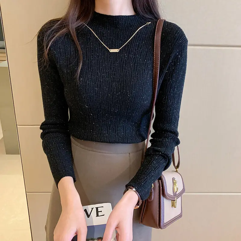 Women Blue Knitted Half-High Collar Sweater Shirt - Image 2