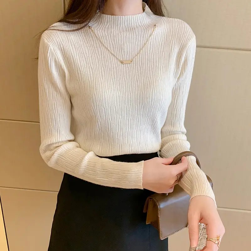 Women Blue Knitted Half-High Collar Sweater Shirt - Image 3