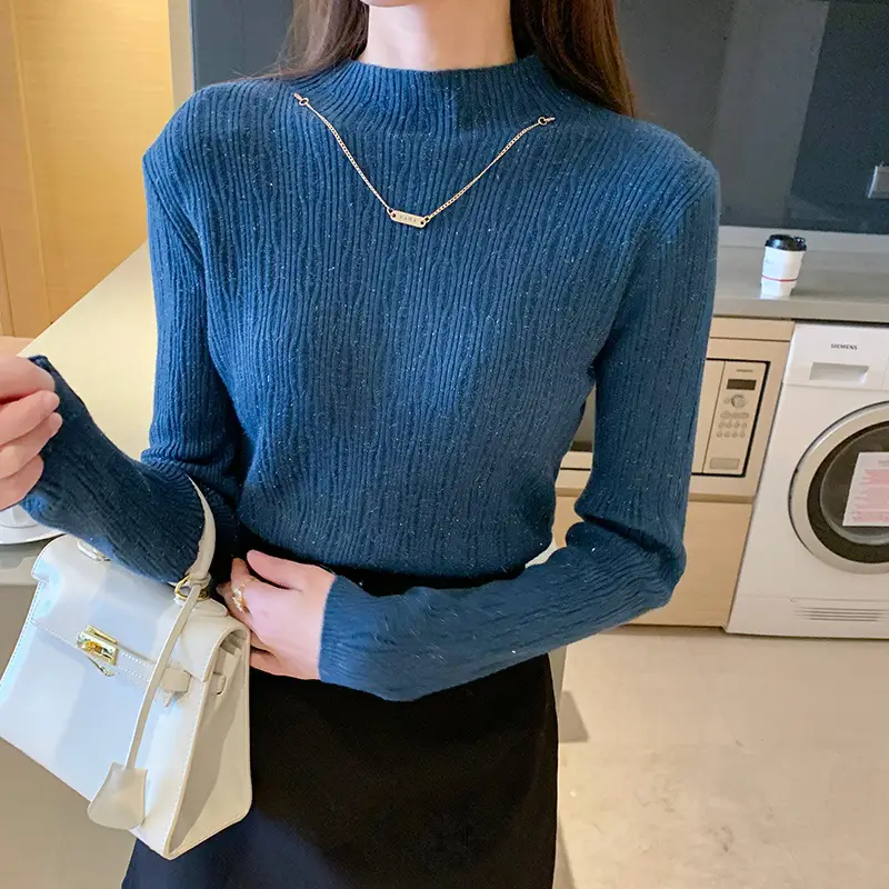 Women Blue Knitted Half-High Collar Sweater Shirt - Image 4