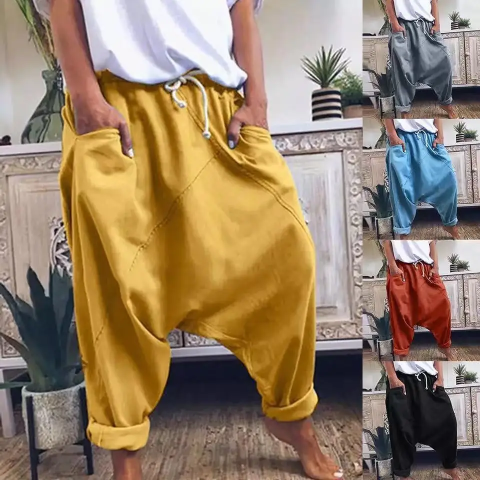 2021 Elastic Lace-Up Harem Pants Women Yellow - Image 6