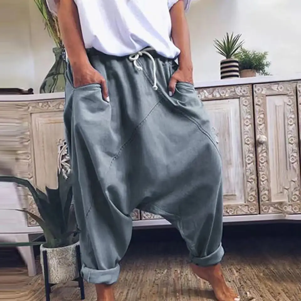 2021 Elastic Lace-Up Harem Pants Women Yellow - Image 8