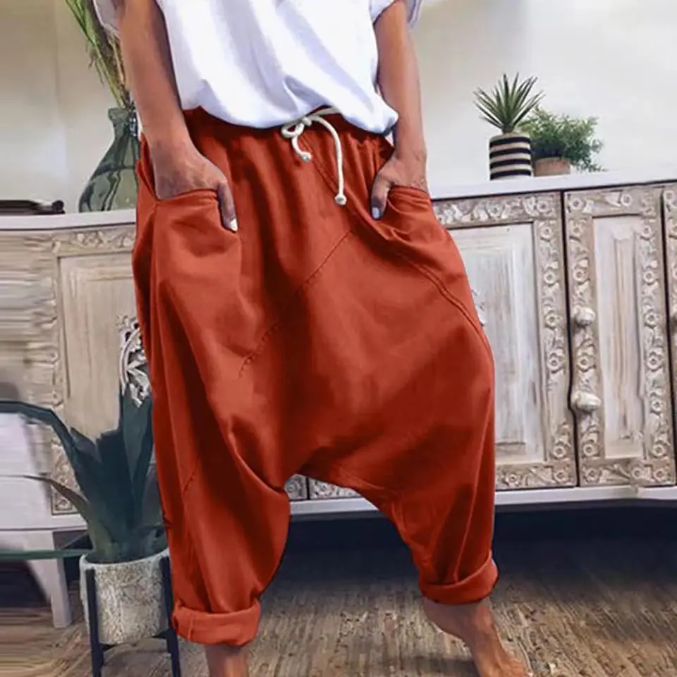 2021 Elastic Lace-Up Harem Pants Women Yellow - Image 9