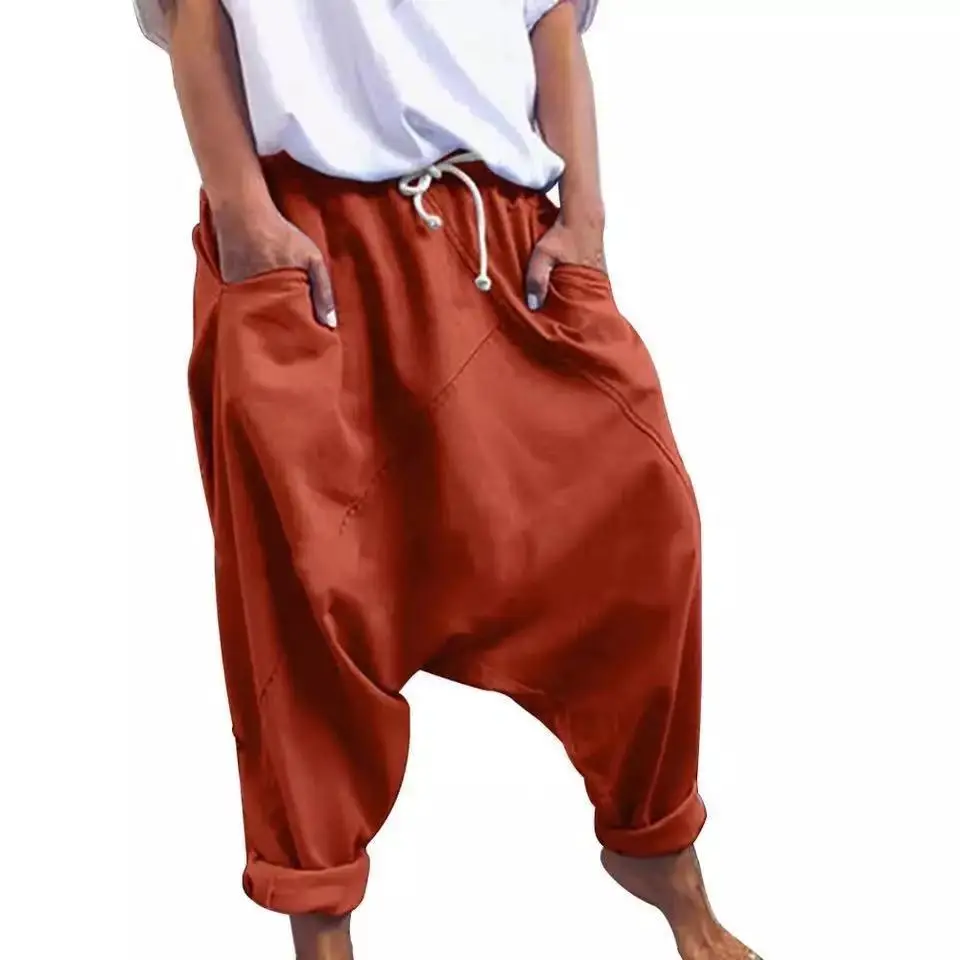 2021 Elastic Lace-Up Harem Pants Women Yellow - Image 5