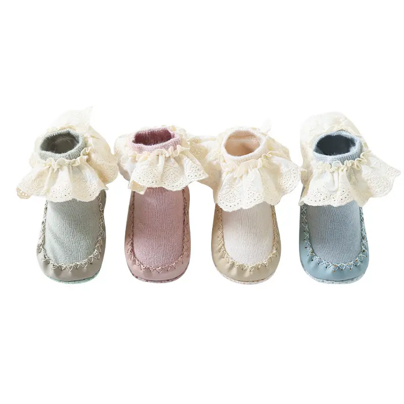2025 Autumn Leather Floor Shoes Baby Socks Mid-Tube Non-Slip Korean Style Lace Princess Socks Toddler Socks Shoes