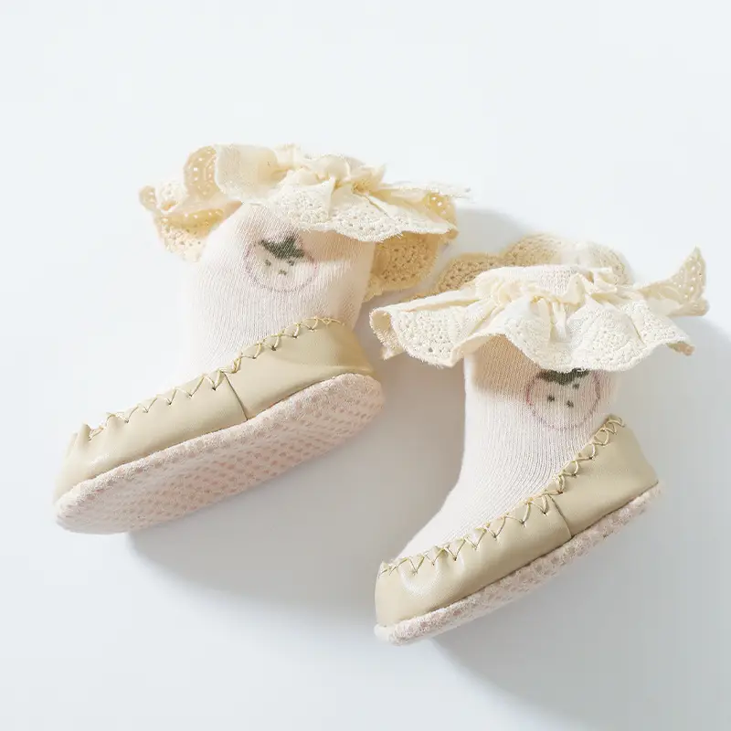 2025 Autumn Leather Floor Shoes Baby Socks Mid-Tube Non-Slip Korean Style Lace Princess Socks Toddler Socks Shoes