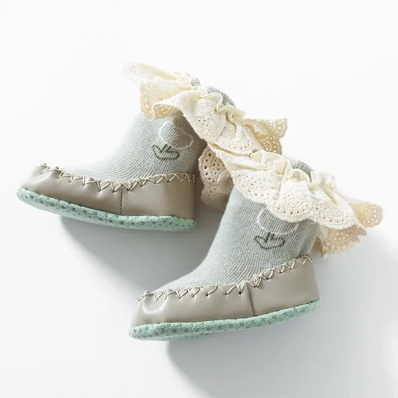 2025 Autumn Leather Floor Shoes Baby Socks Mid-Tube Non-Slip Korean Style Lace Princess Socks Toddler Socks Shoes