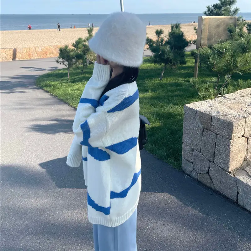 Women's 2022 Sweater Jacket Blue White Knitted Striped Loose Fit - Image 4