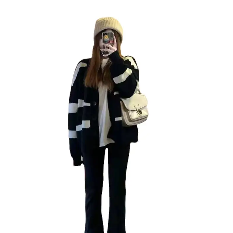 Women's 2022 Sweater Jacket Blue White Knitted Striped Loose Fit - Image 5