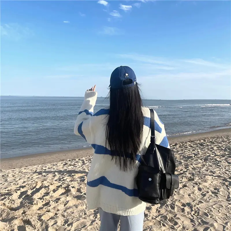 Women's 2022 Sweater Jacket Blue White Knitted Striped Loose Fit — feature 6