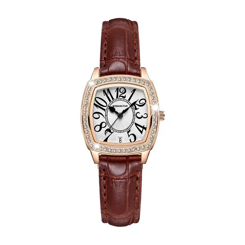 Women's Square Watch Brown Leather Belt Quartz Waterproof - Image 2