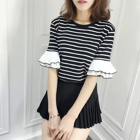 Women Ruffled Striped T-Shirt Summer Casual Loose Fit - Image 2