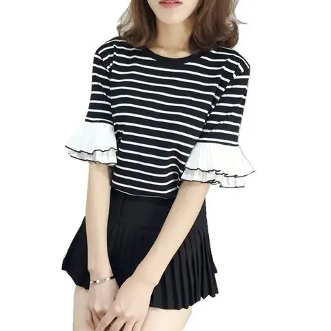 Women Ruffled Striped T-Shirt Summer Casual Loose Fit - Image 4