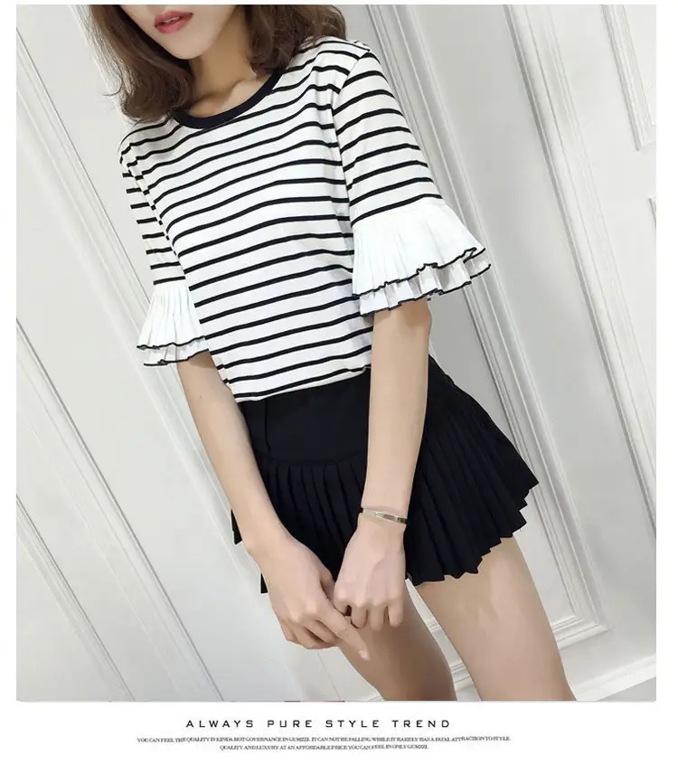 Women Ruffled Striped T-Shirt Summer Casual Loose Fit — feature 12