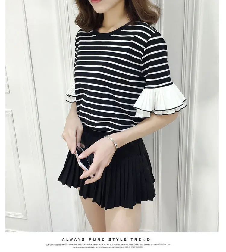 Women Ruffled Striped T-Shirt Summer Casual Loose Fit — feature 4