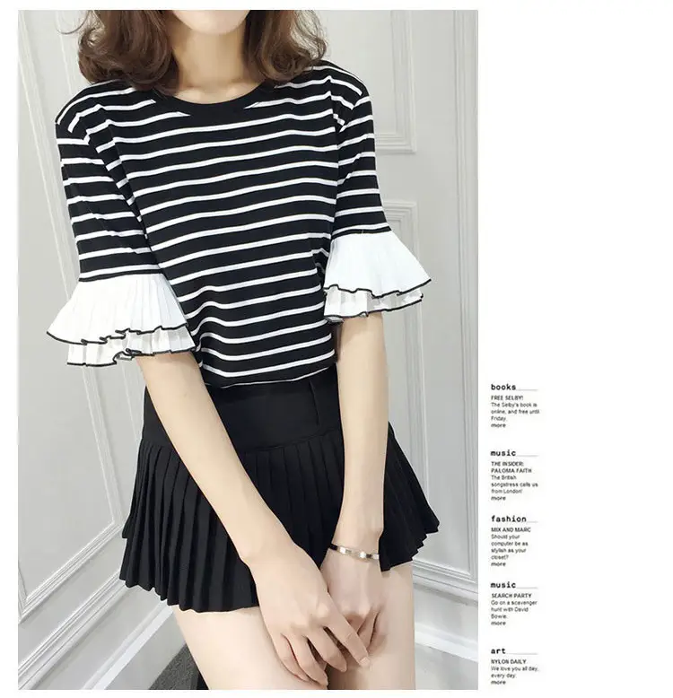 Women Ruffled Striped T-Shirt Summer Casual Loose Fit — feature 8