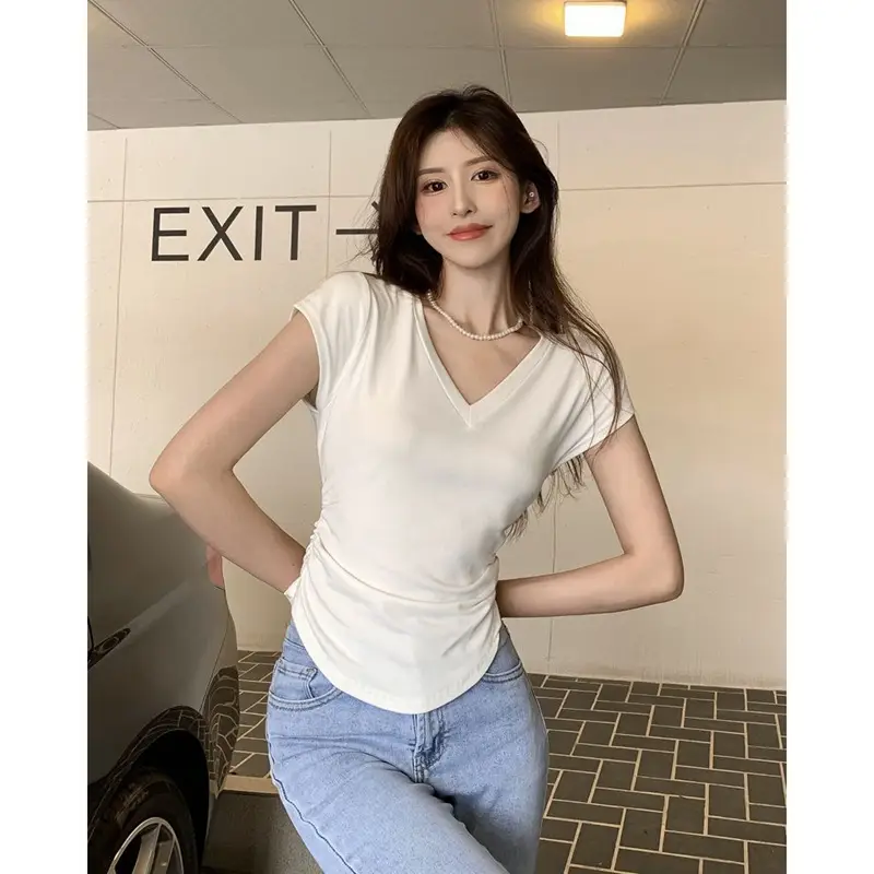 Women V-Neck Black T-Shirt Slim Fit 2025 Summer - Image 17