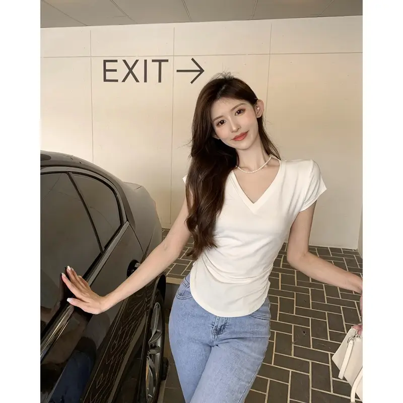 Women V-Neck Black T-Shirt Slim Fit 2025 Summer - Image 18