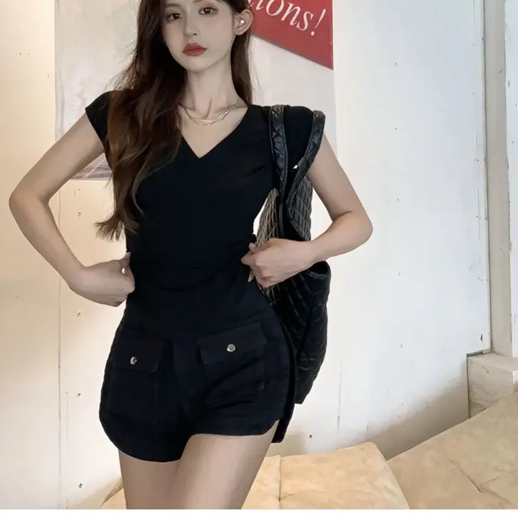 Women V-Neck Black T-Shirt Slim Fit 2025 Summer - Image 19