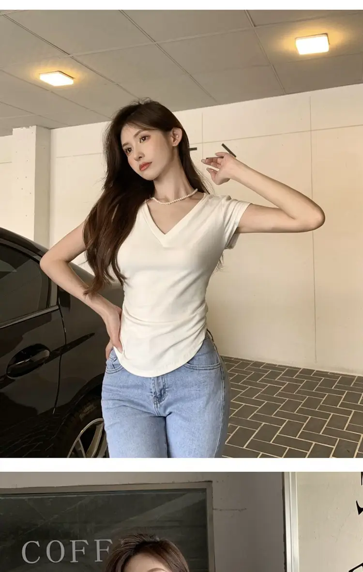 Women V-Neck Black T-Shirt Slim Fit 2025 Summer — feature 11