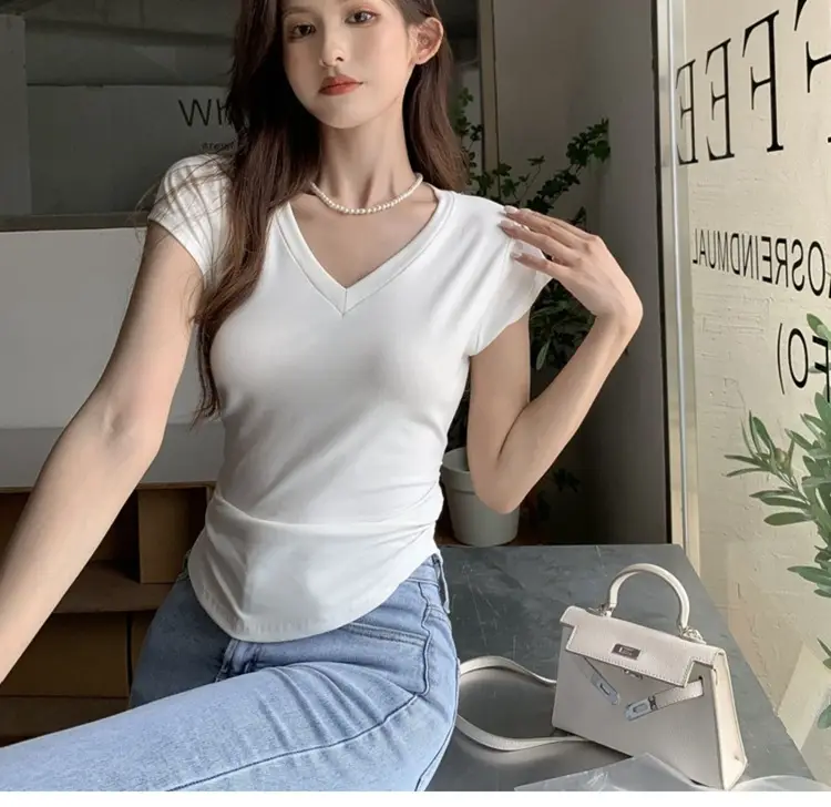 Women V-Neck Black T-Shirt Slim Fit 2025 Summer — feature 12