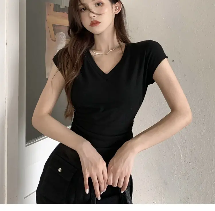 Women V-Neck Black T-Shirt Slim Fit 2025 Summer — feature 13