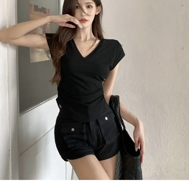 Women V-Neck Black T-Shirt Slim Fit 2025 Summer — feature 14