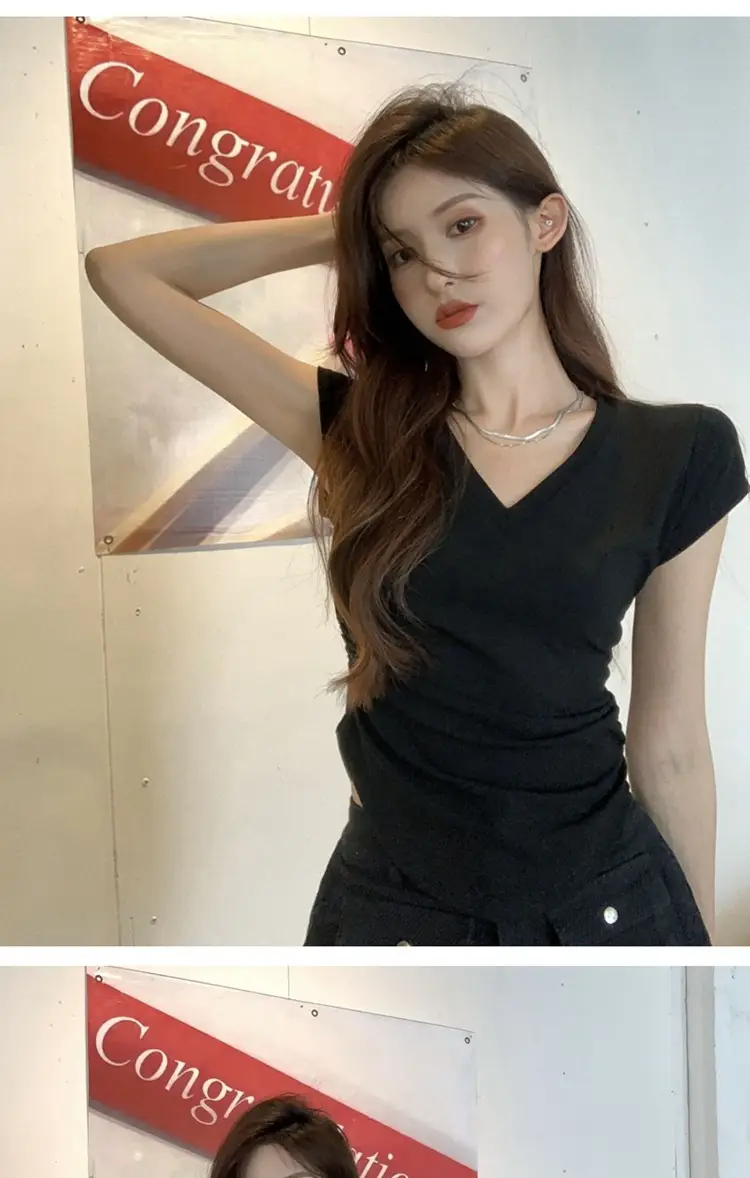 Women V-Neck Black T-Shirt Slim Fit 2025 Summer — feature 15