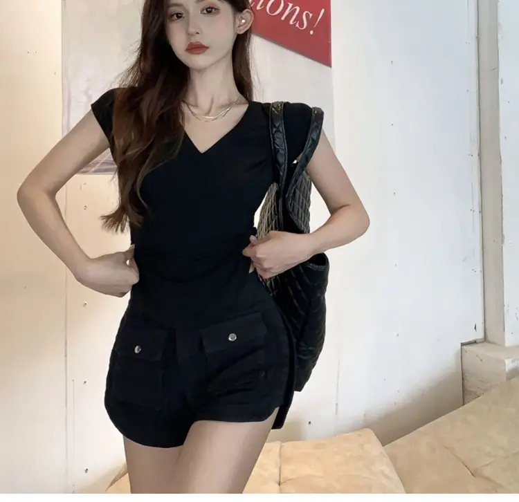 Women V-Neck Black T-Shirt Slim Fit 2025 Summer — feature 16