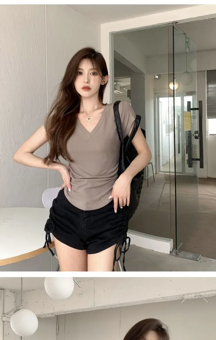 Women V-Neck Black T-Shirt Slim Fit 2025 Summer — feature 6