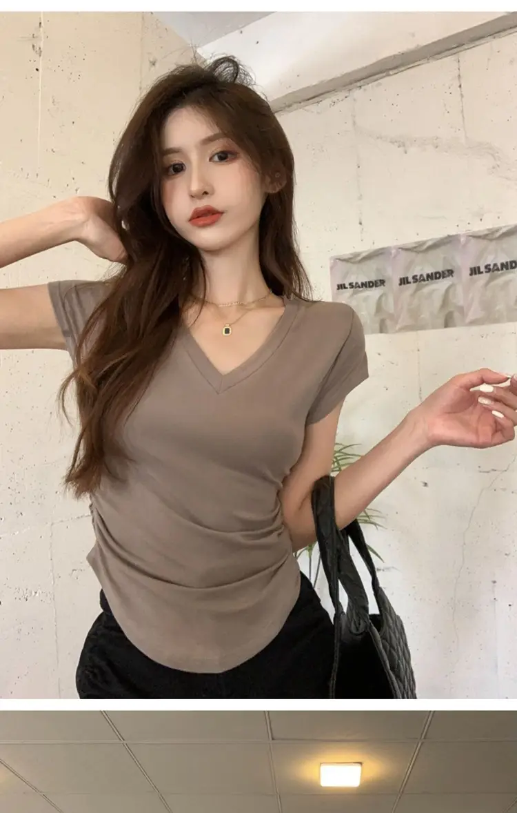 Women V-Neck Black T-Shirt Slim Fit 2025 Summer — feature 7