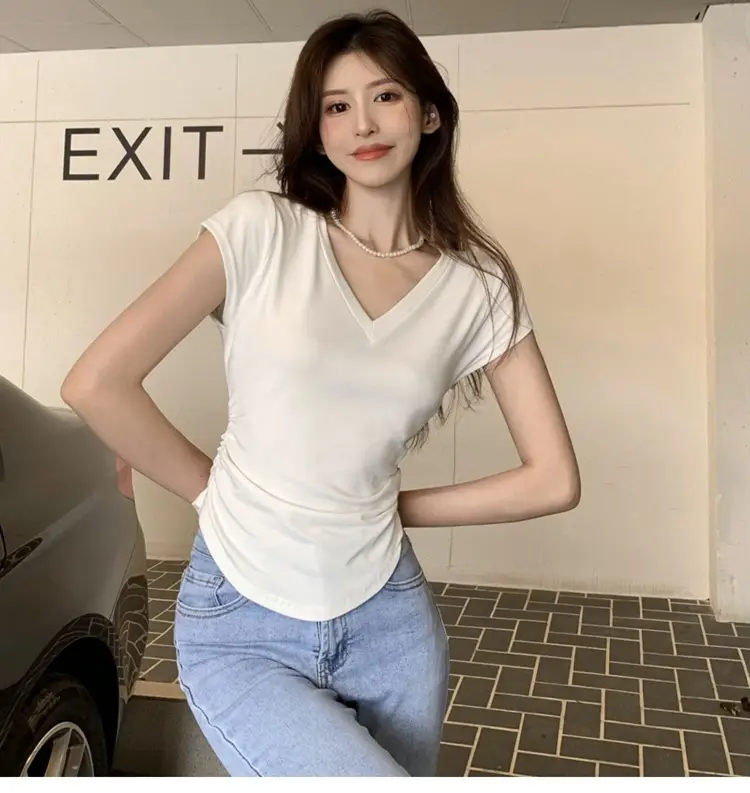 Women V-Neck Black T-Shirt Slim Fit 2025 Summer — feature 8